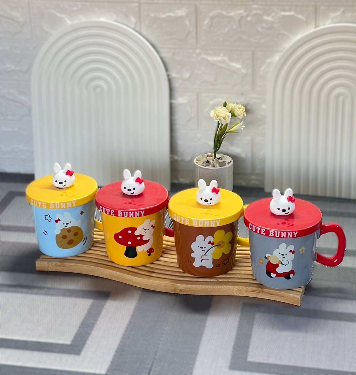 Mug céramique avec couvercle & cuillère motif lapin