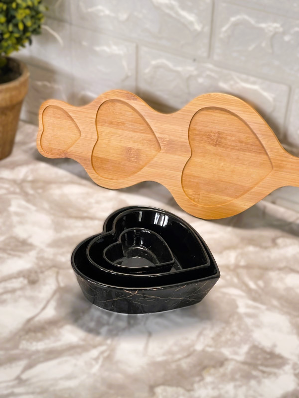 plateau de service 3 bols forme cœur avec support en bois