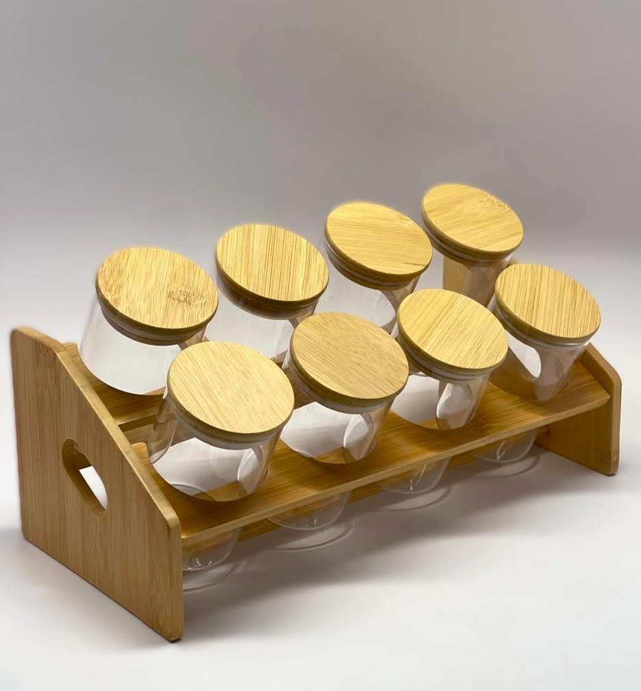 Set de 8 pots à épicés avec support en bambou