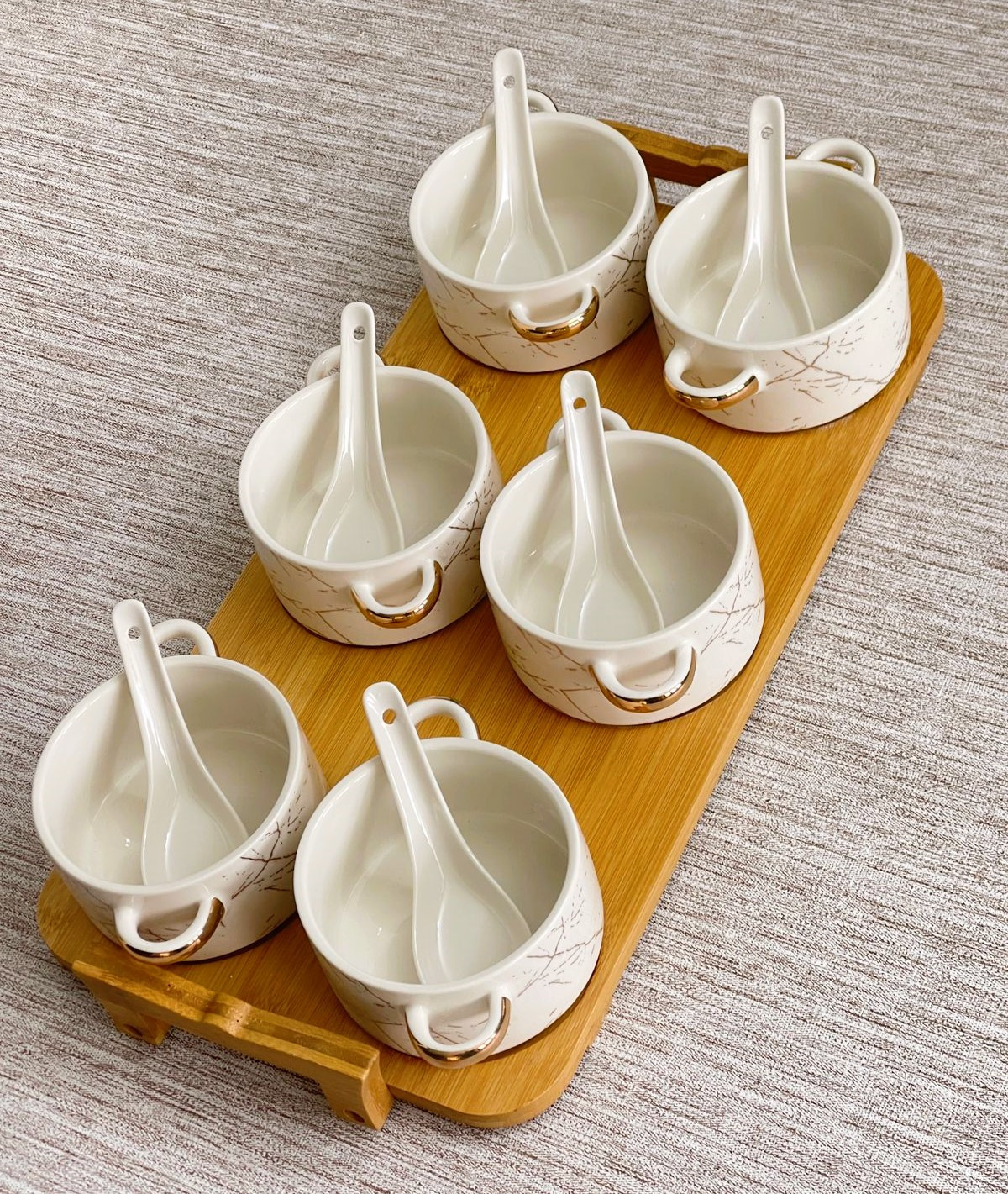 Service de 6 bols avec cuillère en céramique avec bambou base