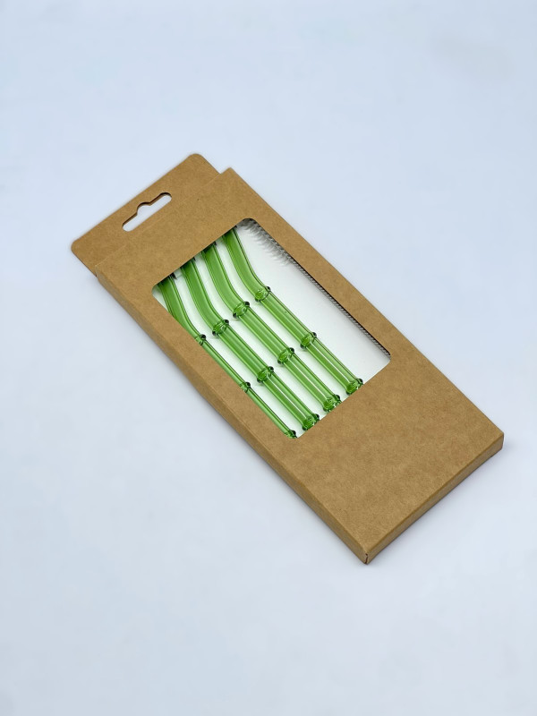 Pack 4 pailles inclinées vert style bamboo avec brosse