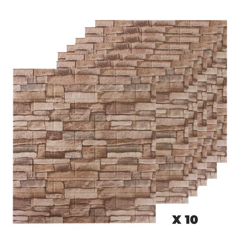 Pack de 10 panneaux muraux 3D autocollant imitation pierre ou brique marron