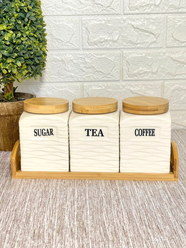Ensemble de canister de cuisine 3piéces en céramique avec un support en bambo