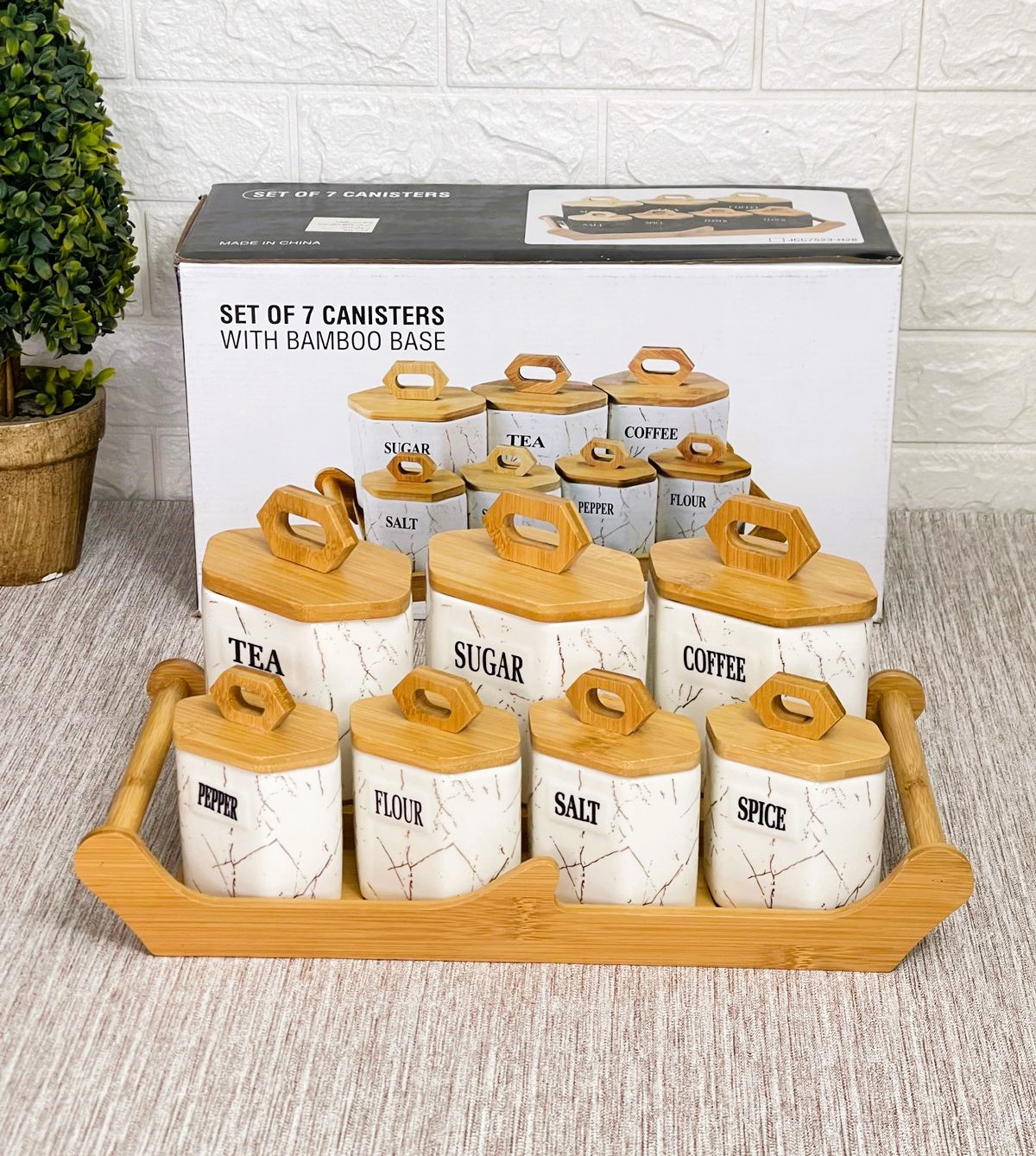 Ensemble de 7 canister de cuisine en céramique avec couvercle et support en bambou