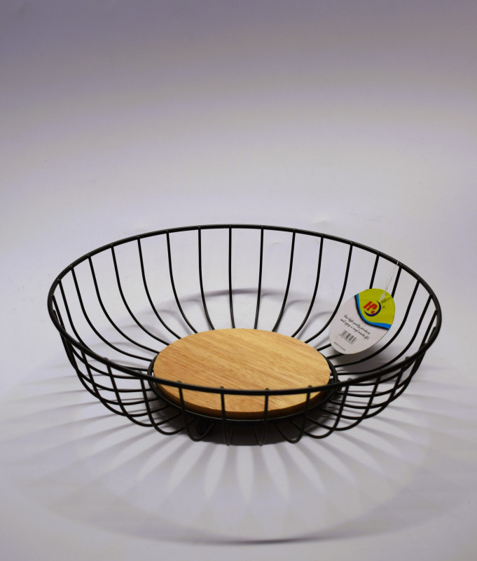 Corbeille à fruits rond en métal avec base en bambou