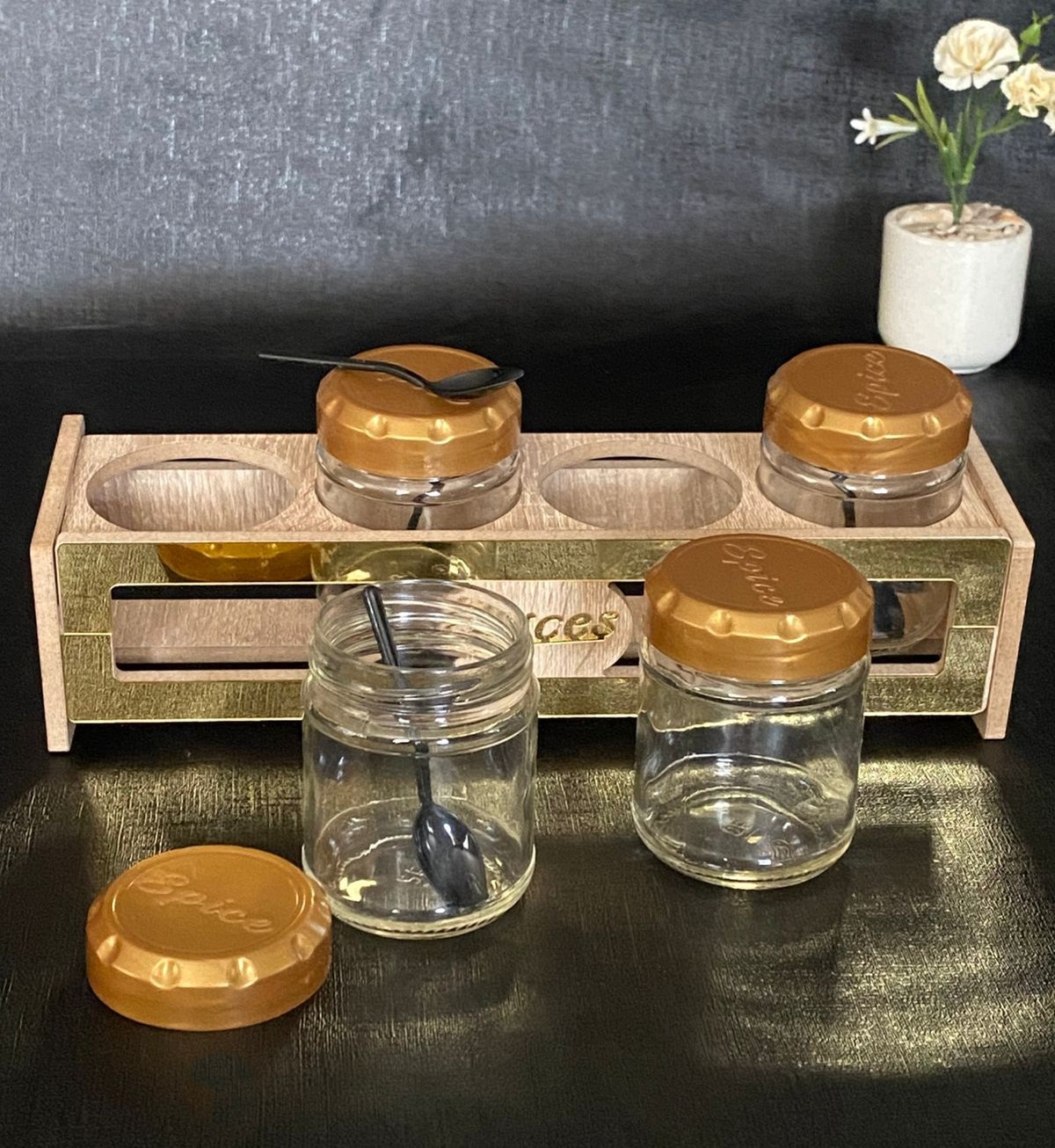 Set 4 boites porte épices +support en bois